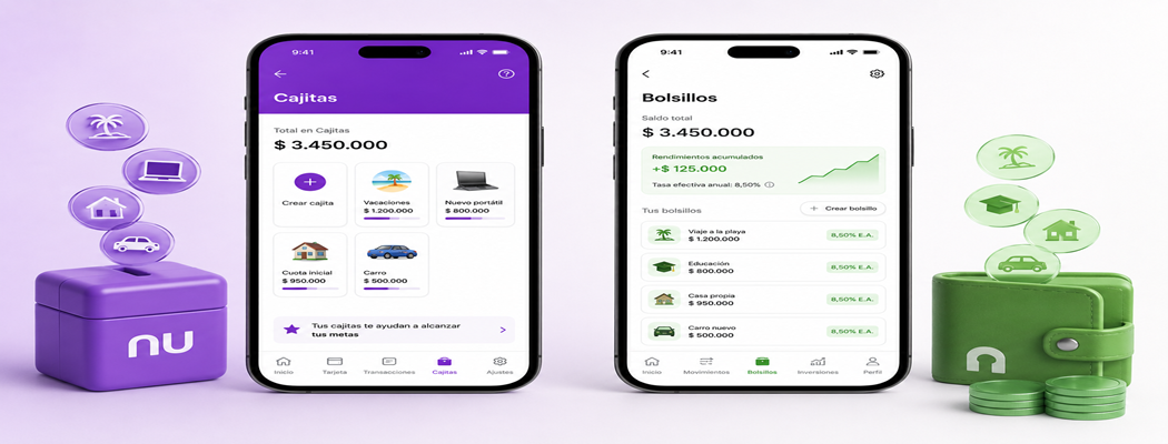 Comparativa de las interfaces de ahorro en Nu cajitas y bolsillos fintech remunerados